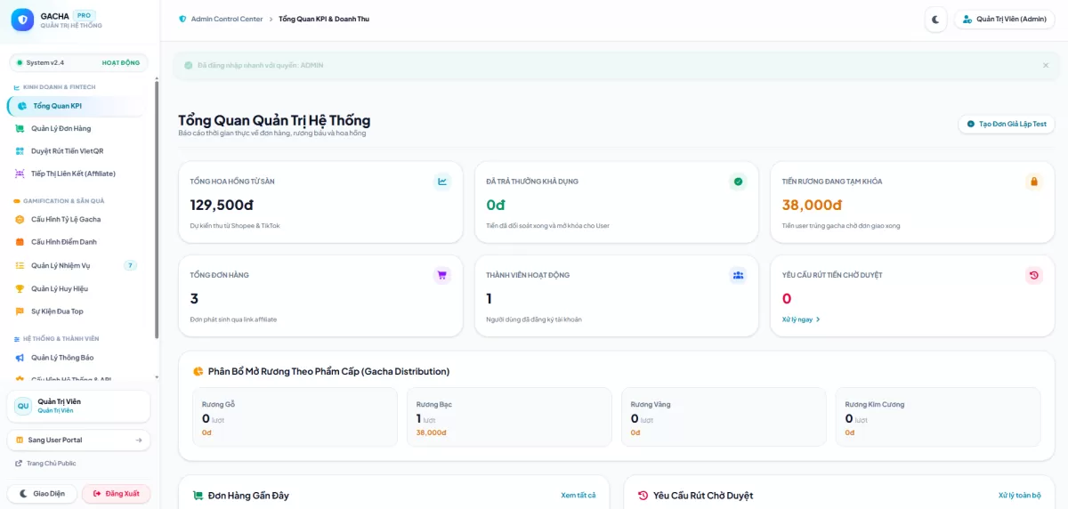 Nền Tảng Gacha Hoàn Tiền Shopee & TikTok Shop Tự Động – Tích Hợp Bot Telegram, Affiliate Đa Tầng & Rút Tiền VietQR