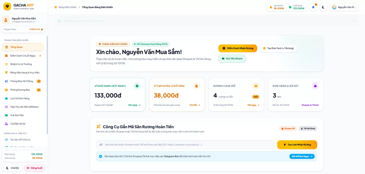 Nền Tảng Gacha Hoàn Tiền Shopee & TikTok Shop Tự Động – Tích Hợp Bot Telegram, Affiliate Đa Tầng & Rút Tiền VietQR