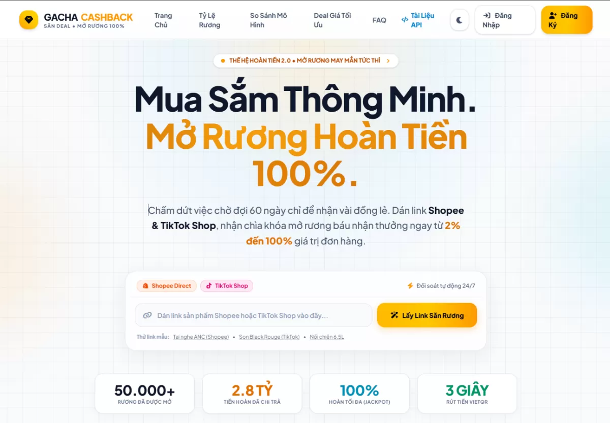 Nền Tảng Gacha Hoàn Tiền Shopee & TikTok Shop Tự Động – Tích Hợp Bot Telegram, Affiliate Đa Tầng & Rút Tiền VietQR